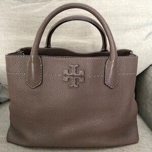Tory Burch McGraw Pebbled Leather Satchel Authentic Brown Grey Taupe
